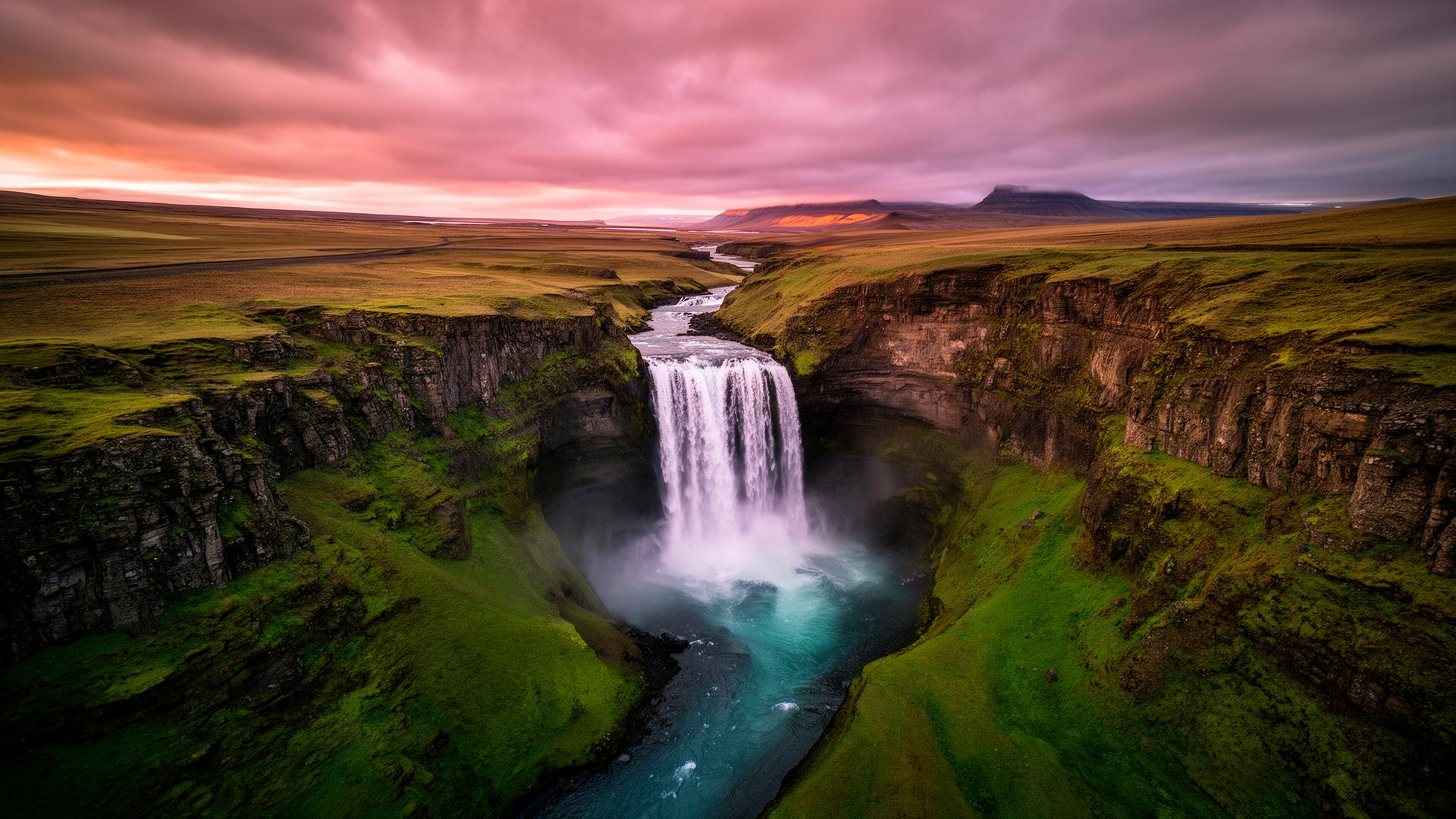 Aerial view of an Icelandic waterfall at golden hour